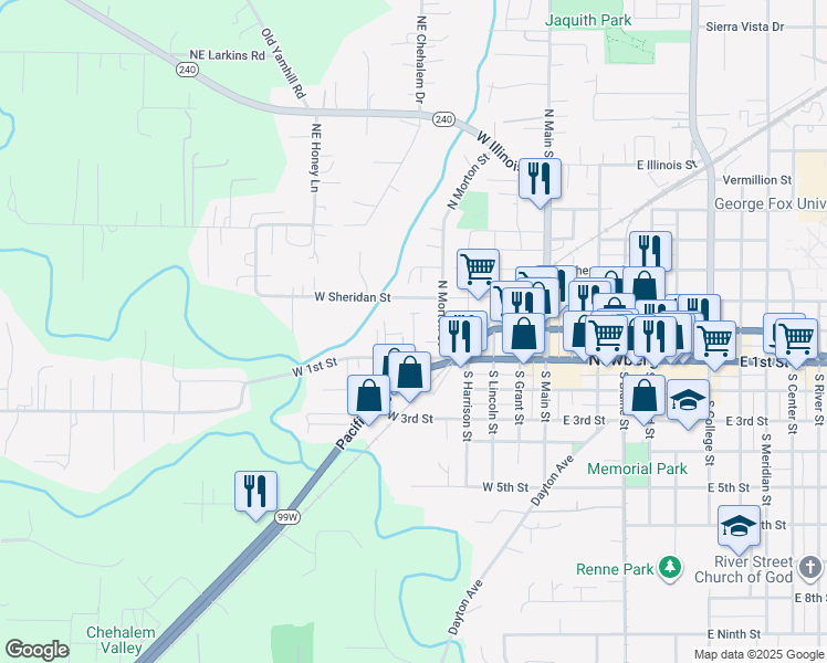 map of restaurants, bars, coffee shops, grocery stores, and more near 615 West 1st Street in Newberg