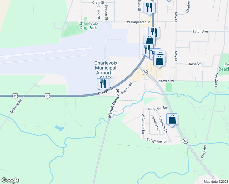 map of restaurants, bars, coffee shops, grocery stores, and more near 1507-1521 Bridge Street in Charlevoix