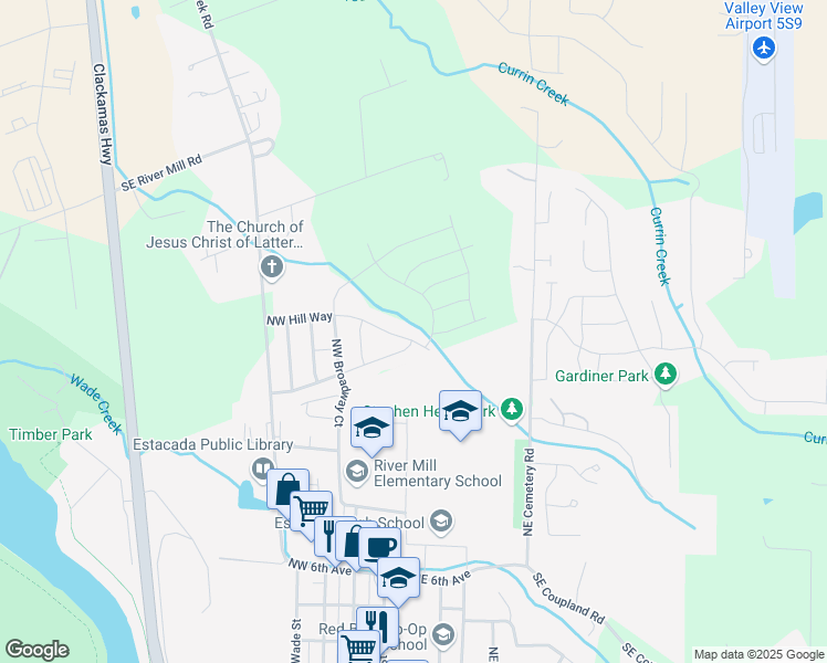 map of restaurants, bars, coffee shops, grocery stores, and more near 245 Northeast Hill Way in Estacada