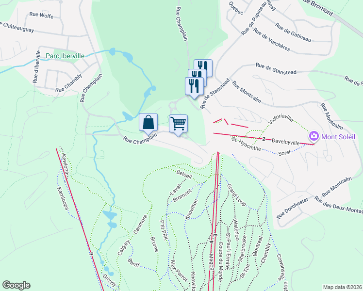map of restaurants, bars, coffee shops, grocery stores, and more near 132 Rue de Lévis in Bromont