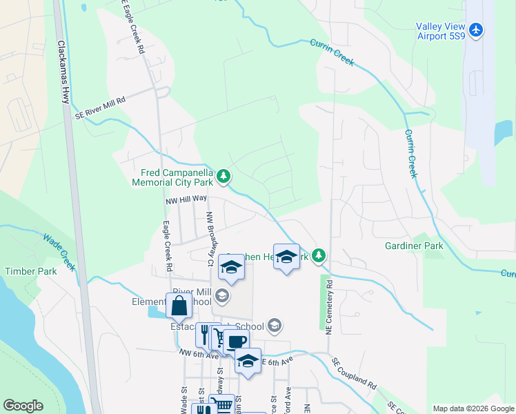 map of restaurants, bars, coffee shops, grocery stores, and more near 245 Northeast Hill Way in Estacada
