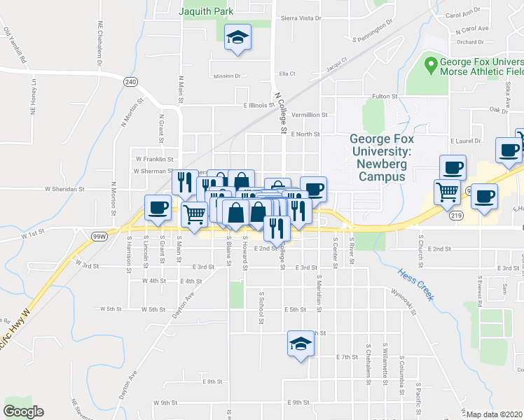 map of restaurants, bars, coffee shops, grocery stores, and more near E Hancock St & N School St in Newberg