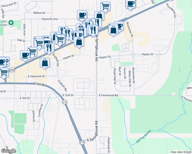map of restaurants, bars, coffee shops, grocery stores, and more near 305 South Springbrook Road in Newberg