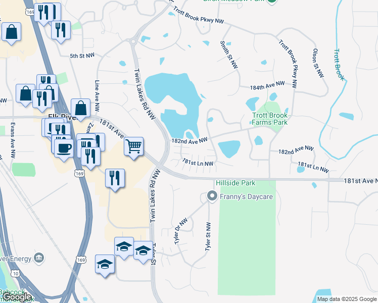 map of restaurants, bars, coffee shops, grocery stores, and more near 10923 181st Lane Northwest in Elk River