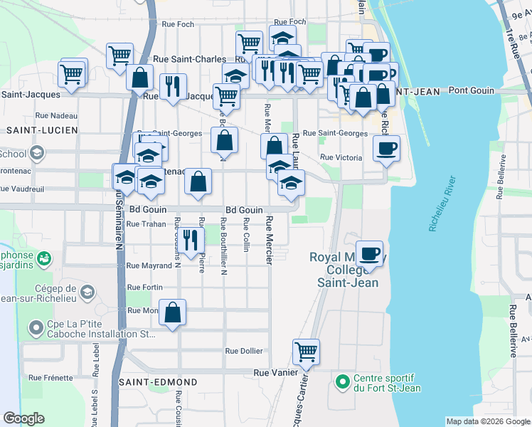 map of restaurants, bars, coffee shops, grocery stores, and more near 82 Rue Mercier in Saint-Jean-sur-Richelieu