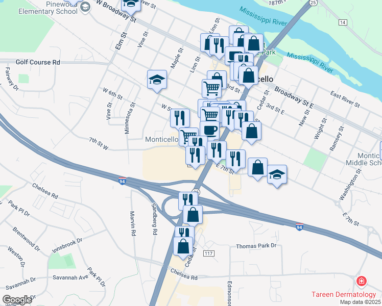 map of restaurants, bars, coffee shops, grocery stores, and more near 216 7th Street West in Monticello