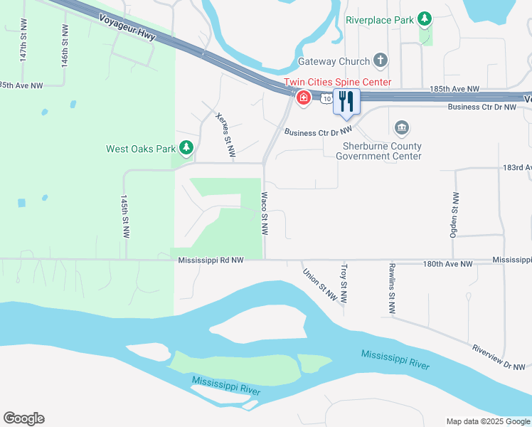 map of restaurants, bars, coffee shops, grocery stores, and more near 18195 Waco Street Northwest in Elk River