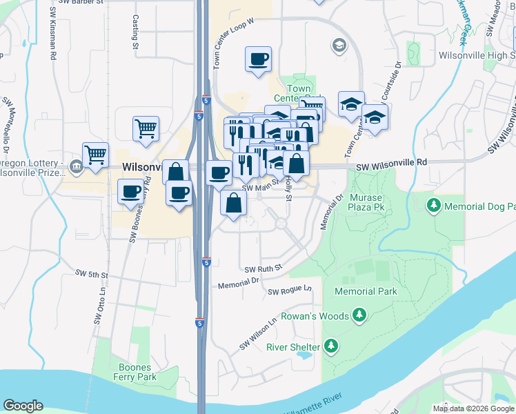 map of restaurants, bars, coffee shops, grocery stores, and more near 30050 Town Center Loop West in Wilsonville