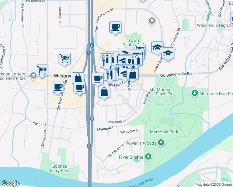map of restaurants, bars, coffee shops, grocery stores, and more near 30050 Town Center Loop West in Wilsonville