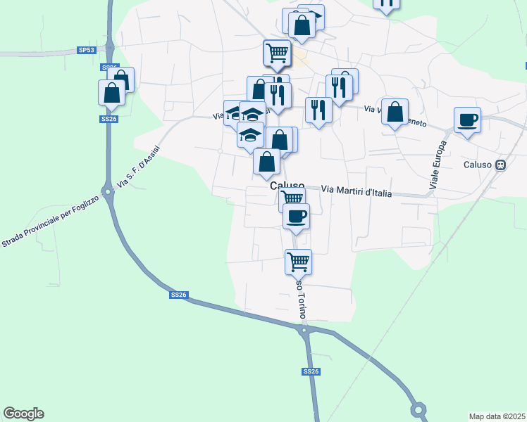 map of restaurants, bars, coffee shops, grocery stores, and more near 241 Corso Torino in Caluso