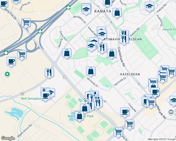 map of restaurants, bars, coffee shops, grocery stores, and more near 26 Maple Grove Road in Ottawa