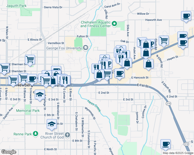 map of restaurants, bars, coffee shops, grocery stores, and more near 1505 Portland Rd in Newberg