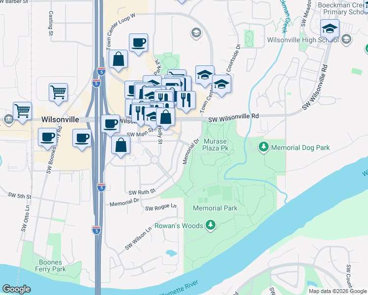 map of restaurants, bars, coffee shops, grocery stores, and more near 55 Southwest Ruth Street in Wilsonville