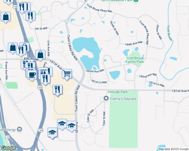 map of restaurants, bars, coffee shops, grocery stores, and more near 10923 181st Lane Northwest in Elk River