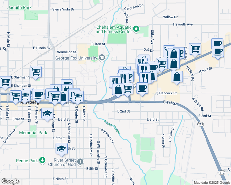 map of restaurants, bars, coffee shops, grocery stores, and more near 1505 Portland Road in Newberg