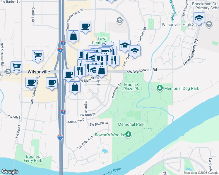 map of restaurants, bars, coffee shops, grocery stores, and more near 8366 Jessica Street in Wilsonville