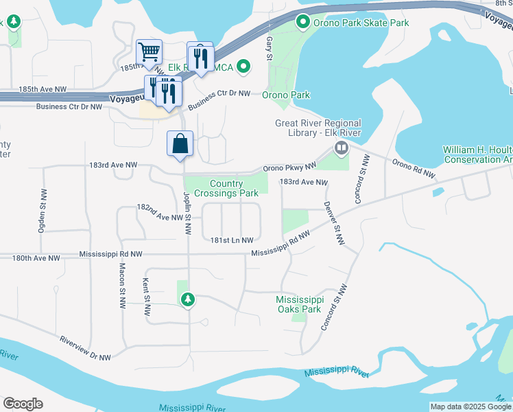 map of restaurants, bars, coffee shops, grocery stores, and more near 18600 Gary Street Northwest in Elk River