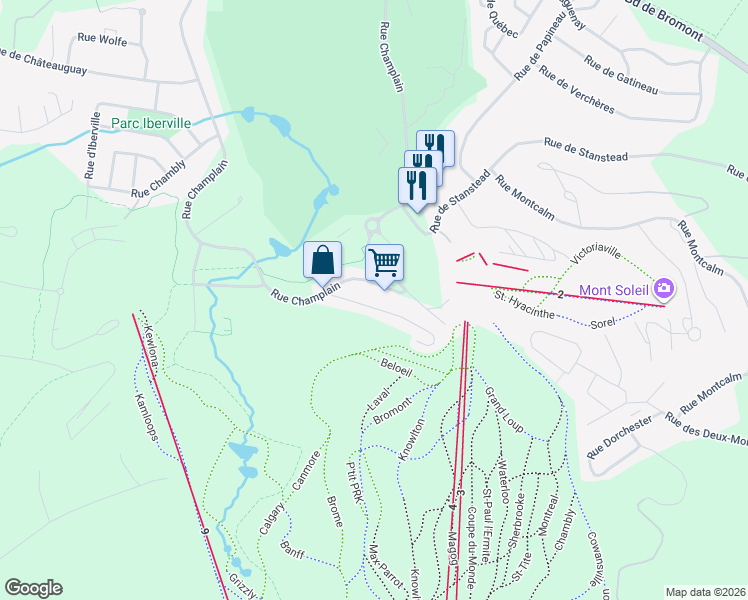 map of restaurants, bars, coffee shops, grocery stores, and more near 126 Rue de Lévis in Bromont