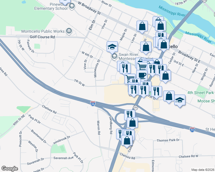 map of restaurants, bars, coffee shops, grocery stores, and more near 359 7th Street West in Monticello