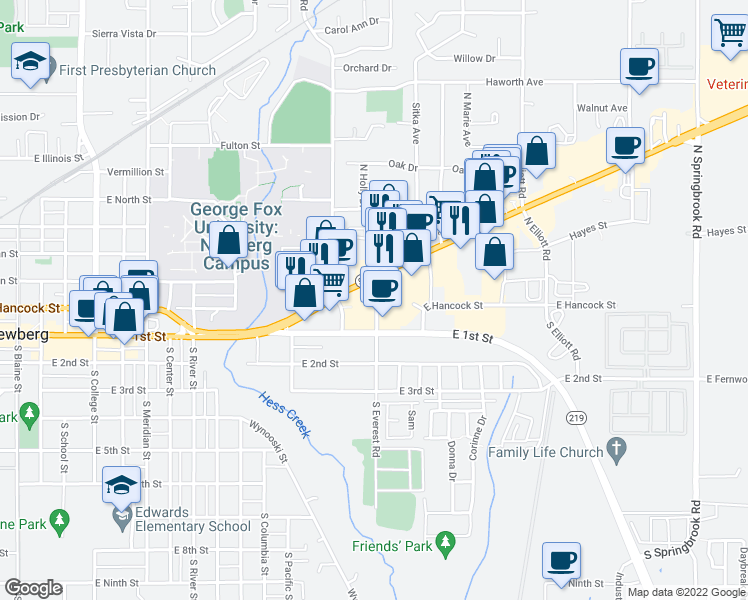 map of restaurants, bars, coffee shops, grocery stores, and more near 1864 Portland Rd in Newberg