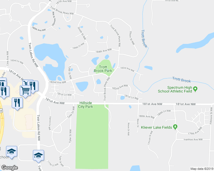 map of restaurants, bars, coffee shops, grocery stores, and more near 18205 Trott Brook Parkway Northwest in Elk River