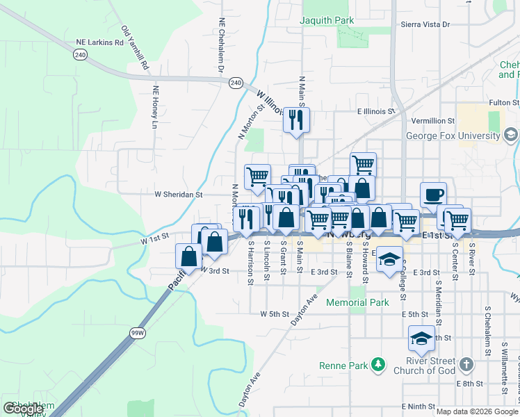map of restaurants, bars, coffee shops, grocery stores, and more near 206 North Harrison Street in Newberg