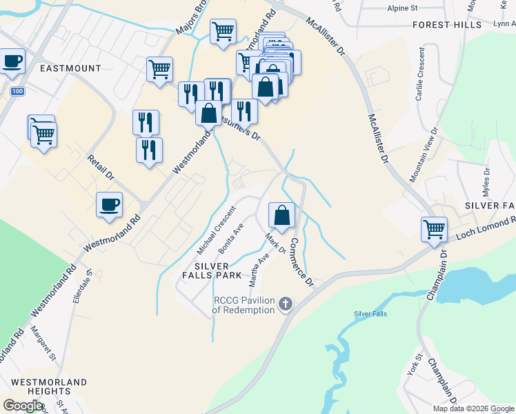 map of restaurants, bars, coffee shops, grocery stores, and more near Mark Drive in Saint John