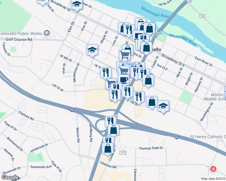 map of restaurants, bars, coffee shops, grocery stores, and more near 201 7th Street West in Monticello