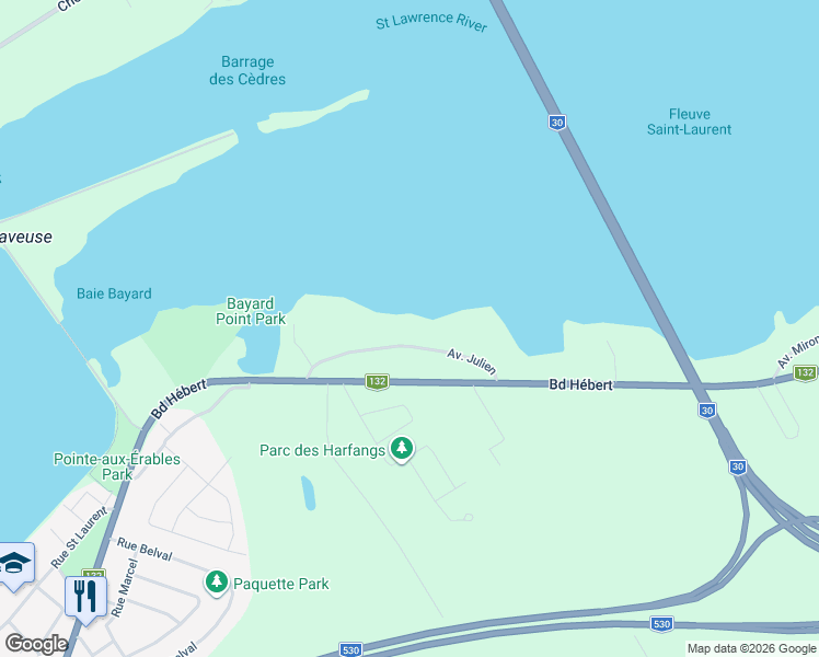 map of restaurants, bars, coffee shops, grocery stores, and more near 115 Avenue Julien in Salaberry-de-Valleyfield
