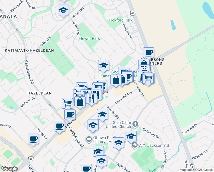 map of restaurants, bars, coffee shops, grocery stores, and more near 90 Lightfoot Place in Ottawa