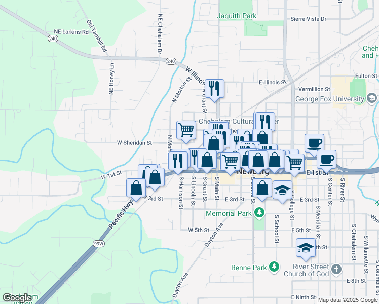 map of restaurants, bars, coffee shops, grocery stores, and more near 206 North Harrison Street in Newberg