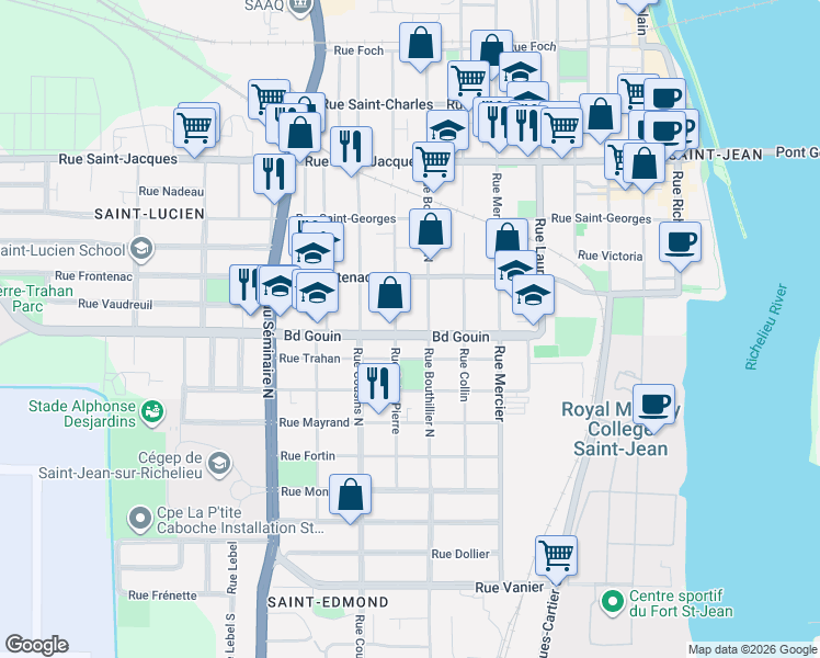 map of restaurants, bars, coffee shops, grocery stores, and more near 201A Boulevard Gouin in Saint-Jean-sur-Richelieu