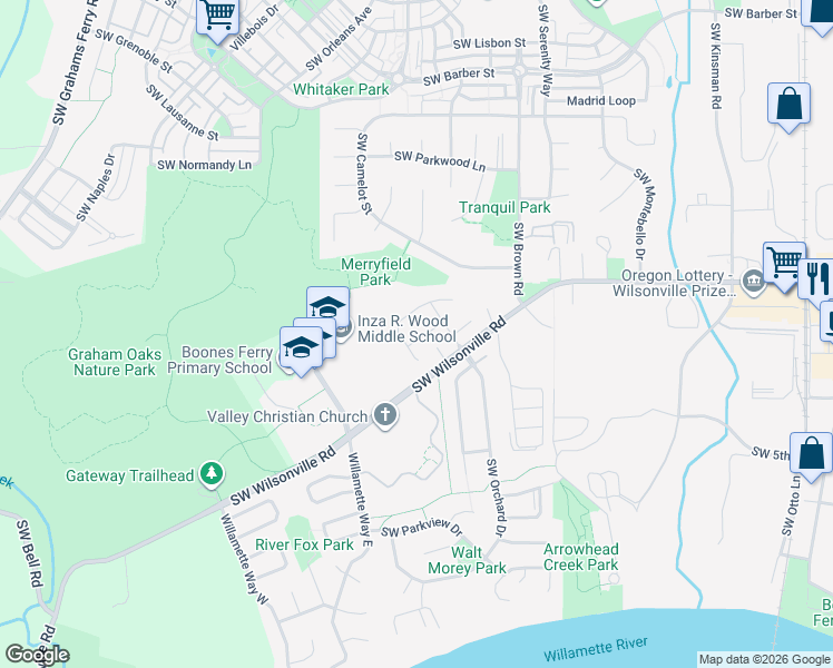 map of restaurants, bars, coffee shops, grocery stores, and more near 11107 Southwest Flores Street in Wilsonville