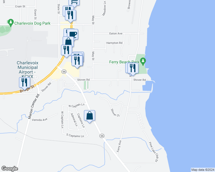 map of restaurants, bars, coffee shops, grocery stores, and more near 13200-13560 Stover Road in Charlevoix