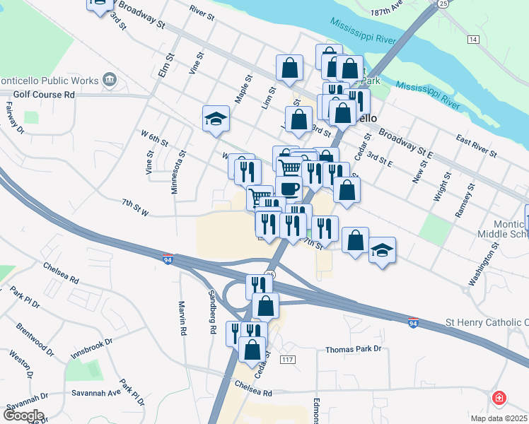 map of restaurants, bars, coffee shops, grocery stores, and more near 201 7th Street West in Monticello