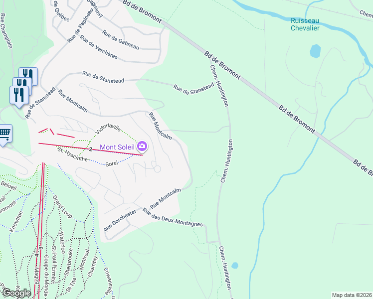 map of restaurants, bars, coffee shops, grocery stores, and more near 194 Rue Montcalm in Bromont