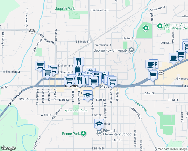 map of restaurants, bars, coffee shops, grocery stores, and more near 615 East Hancock Street in Newberg
