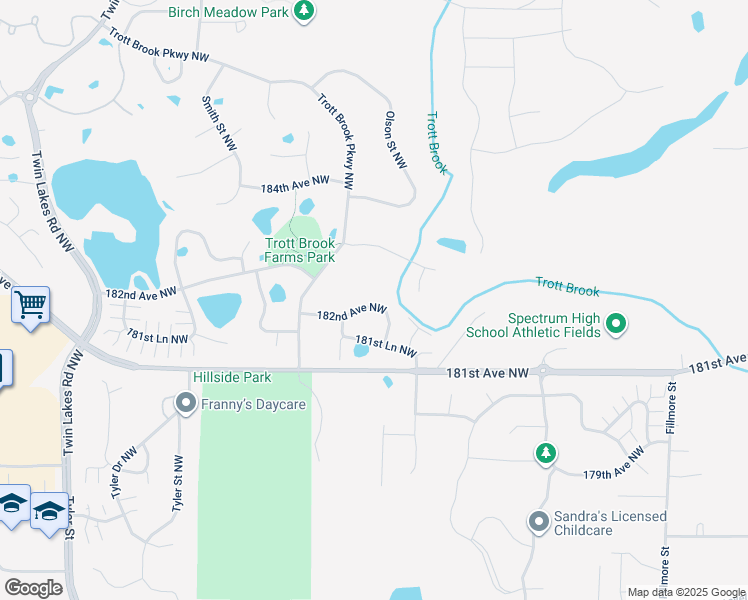 map of restaurants, bars, coffee shops, grocery stores, and more near 10507 182nd Avenue Northwest in Elk River