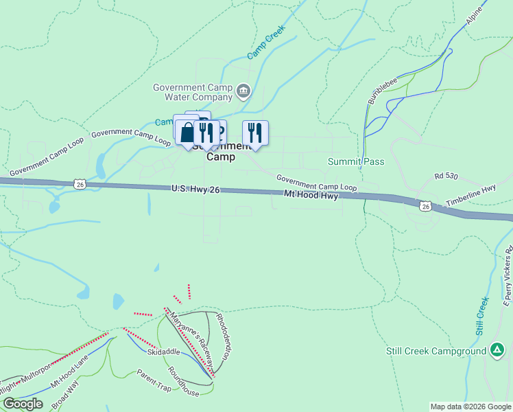 map of restaurants, bars, coffee shops, grocery stores, and more near 88940 East Round Mountain Loop Road in Government Camp
