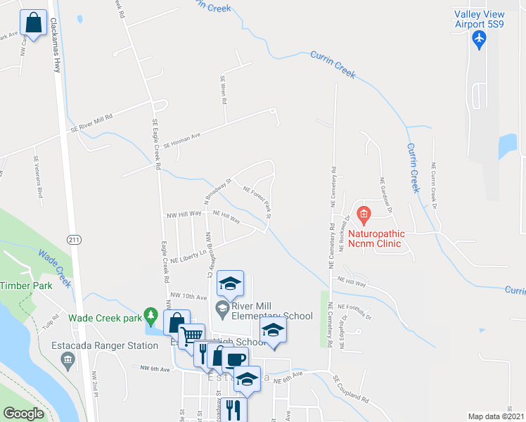 map of restaurants, bars, coffee shops, grocery stores, and more near 285 Northeast Hill Way in Estacada