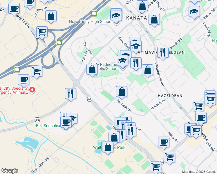 map of restaurants, bars, coffee shops, grocery stores, and more near 5 McIntosh Way in Ottawa