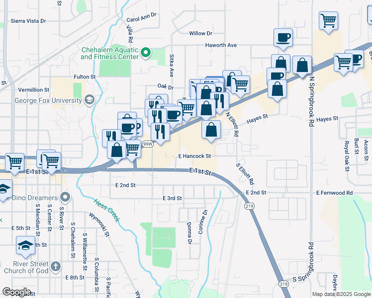 map of restaurants, bars, coffee shops, grocery stores, and more near 2251 E Hancock St in Newberg