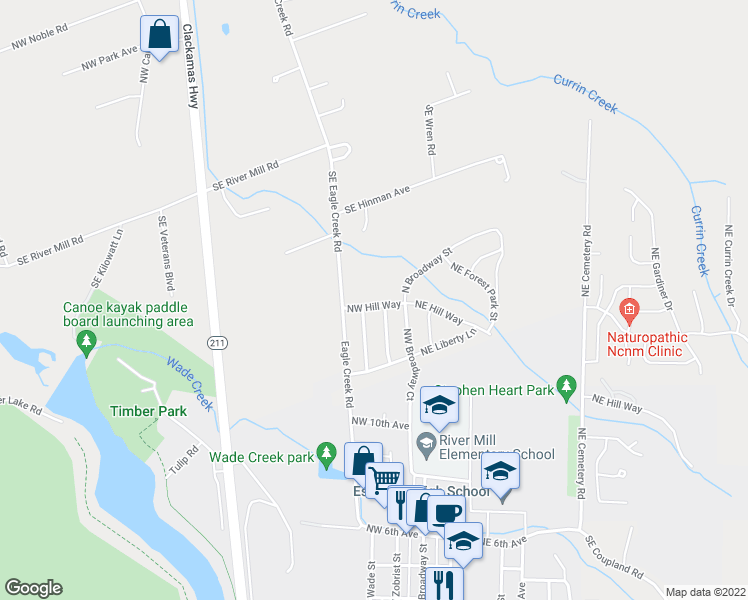 map of restaurants, bars, coffee shops, grocery stores, and more near 265 Northwest Hill Way in Estacada