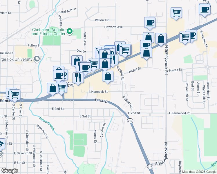 map of restaurants, bars, coffee shops, grocery stores, and more near 2400 Sitka Avenue in Newberg