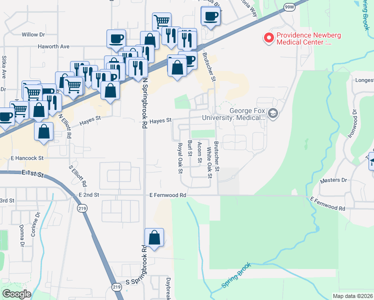 map of restaurants, bars, coffee shops, grocery stores, and more near 236 Burl Street in Newberg