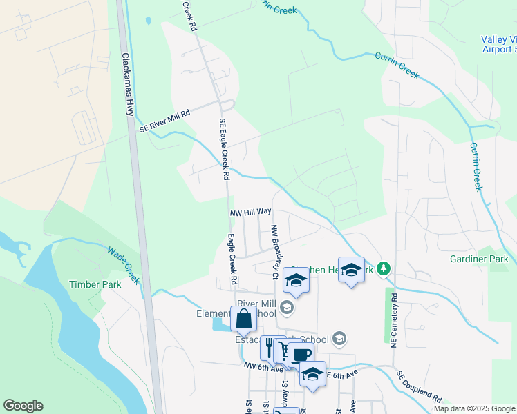 map of restaurants, bars, coffee shops, grocery stores, and more near 265 Northwest Hill Way in Estacada