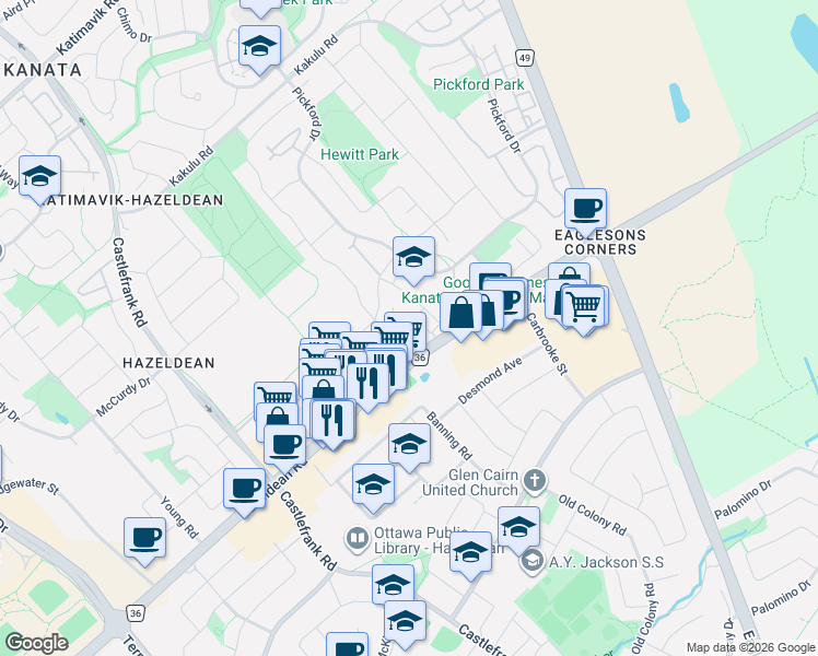 map of restaurants, bars, coffee shops, grocery stores, and more near 72 McDermot Court in Ottawa