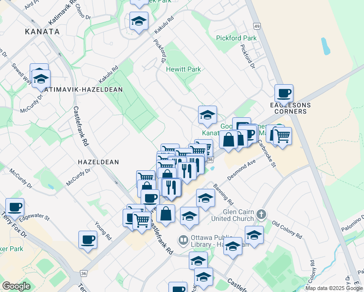 map of restaurants, bars, coffee shops, grocery stores, and more near 6 Lombardo Drive in Ottawa