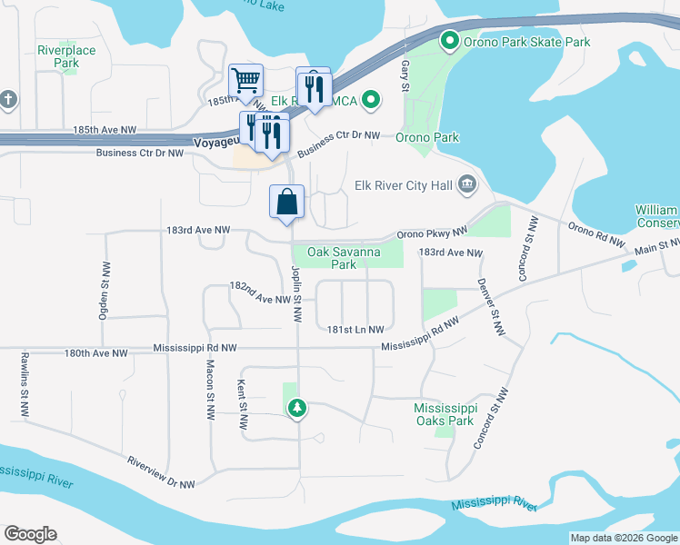 map of restaurants, bars, coffee shops, grocery stores, and more near 13323 182nd Lane Northwest in Elk River