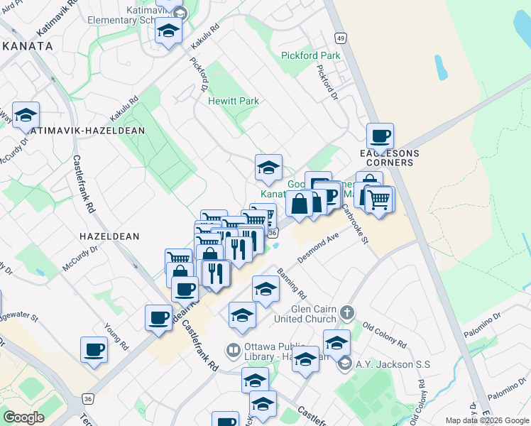 map of restaurants, bars, coffee shops, grocery stores, and more near 72 McDermot Court in Ottawa
